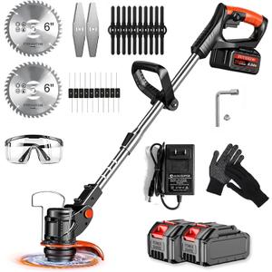 Weed Wacker Cordless, Electric Weed Eater & Lawn Edger - 21V Battery Powered Grass Trimmer 3-in-1 Stringless Grass Trimmer/Edger/Brush Cutter with 2×4.0Ah Batteries (Orange B)