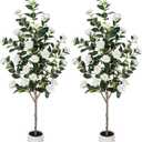 Yepdin 63 inch Artificial Camellia Tree with White Flower Pots -2 Pack White Fake Tree,5 Ft Faux Plants Indoor wich Blooming,Artificial Plants for Indoor & Outdoor Home Front Door Decor