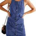 Yousify Womens Casual Sleeveless Denim Overalls Dresses Button Down Summer Jean Mini Dress 2025 Trendy Romper With Pockets (Medium, Blue)