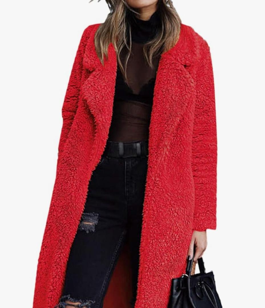 Angashion Women's Fuzzy Fleece Lapel Open Front Long Cardigan Coat Faux Fur Warm Winter Outwear Jackets M