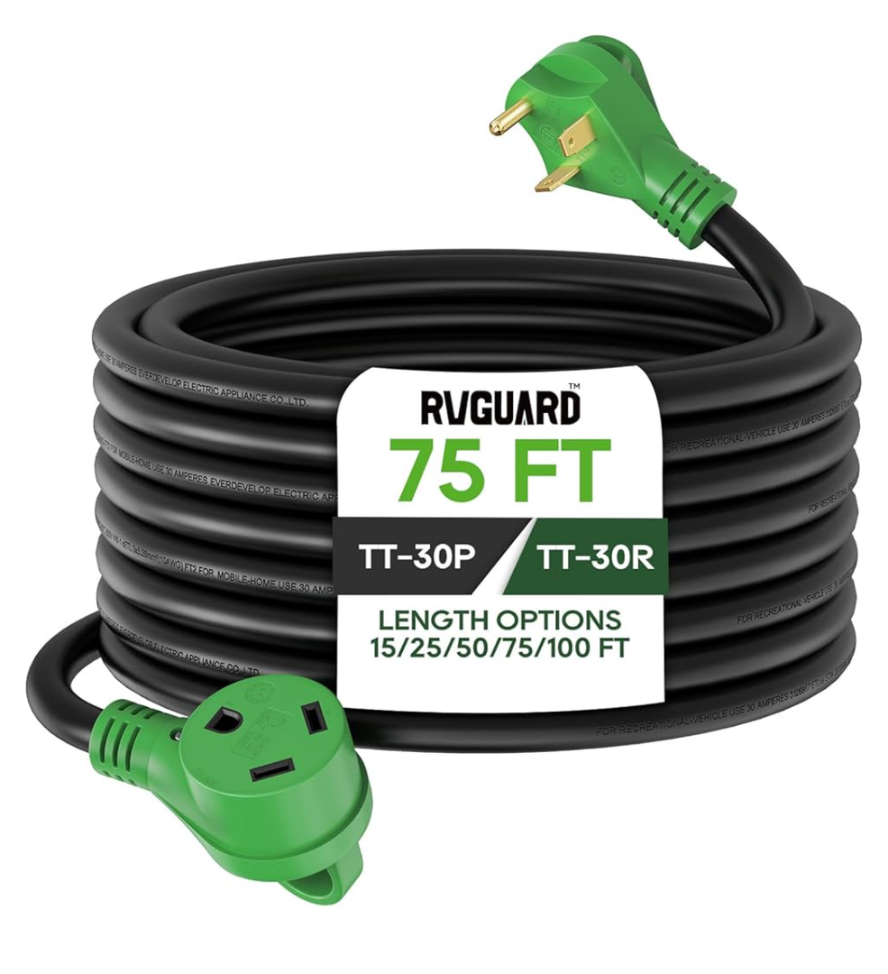RVGUARD 25 Amp 75 Foot RV Extension Cord, Heavy Duty 10/3 Gauge STW Cord with LED Power Indicator and Cord Organizer, TT-30P/R Standard Plug, Green, ETL Listed