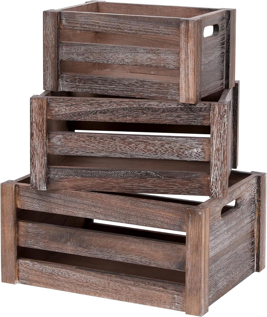 Large Vintage Brown Wooden Crates For Dispaly,Set Of 3 Wood Crates With Handles,Rustic Handmade Wood Boxes For Storage Or Display,Solid Wood Decorative Boxes (Rustic Brown)
