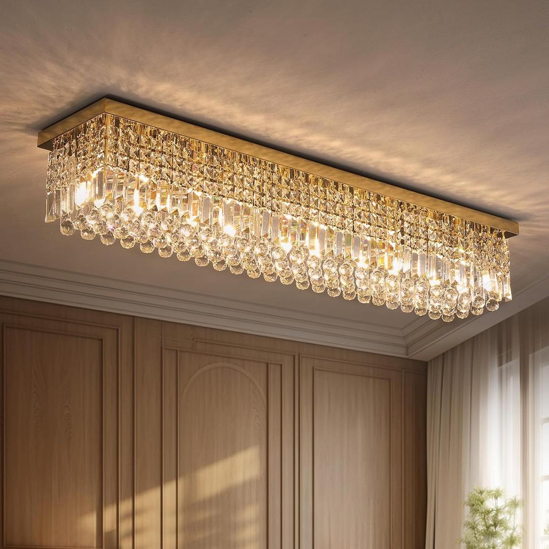 7PM Modern Rectangular Chandelier, 10-Light Dining Room & Living Room Flush Mount, Gold (L47' x W10' x H10')