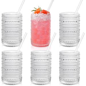 KMIGRUAN Hobnail Drinking Glasses with Straws 15oz Vintage Glassware Set of 6 Embossed Vintage Water Cups, Highball Glasses for Cocktail,Whiskey,Beer and Juic