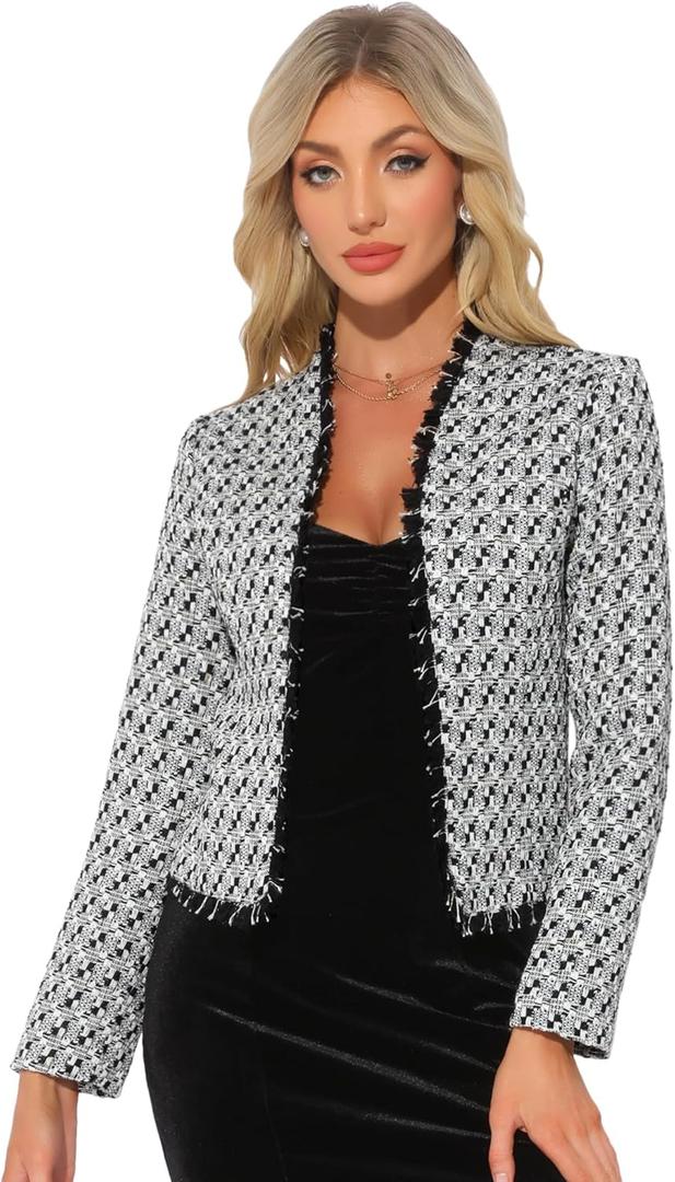 Allegra K Plaid Tweed Blazer for Women's Long Sleeve Open Front Work Office Jacket, Small Black