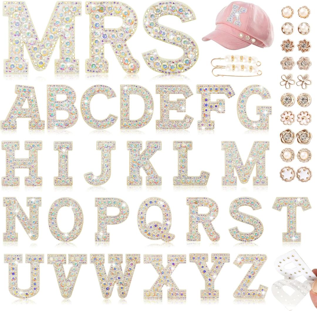 Rhinestone Self-Adhesive Letter Clothing Patches: Kingsow 48pcs Silver Rhinestone Bling Letter Patch Stickers for DIY Crafts - Glitter Crystal Alphabet Patches Stick on Jackets, Hats, Bags