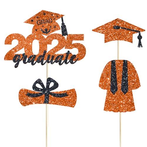 4 Pcs 2025 Graduate Cake Topper Orange Glitter Congrats Grad Cake Topper Class of 2025 Cake Decor for 2025 Senior High School/College/University Happy 2025 Graduation Party Supplies Decorations, 2pack