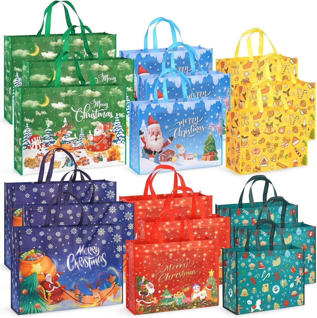 PARSUP 18PCS Giant Christmas Gift Bags, Assorted Sizes, Non-Woven Christmas Bags Reusable Heavy Duty Sewing Treat Grocery Tote with Handles for Gifts Wrapping Shopping, Xmas Party Supplies (Red, Blue, Green, Yellow)