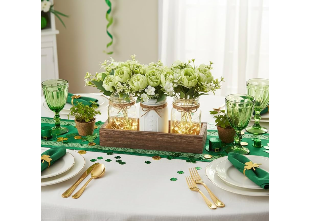 Mkono Mason Jar Lights Centerpiece Table Decorations for Dining Room Farmhouse Coffee Table Decor, Wood Tray with 3 Jars Flowers for St. Patrick's Day, Easter, Spring Home DecorAmazon's Choice