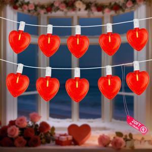20Ft Valentine's Day String Lights Outdoor with Glitter 3D Red Heart Shaped Lights, 22 Dimmable LED Bulbs(2 Spare) Waterproof for Indoor Outdoor Wedding Anniversary Party Valentine's Day Decorations