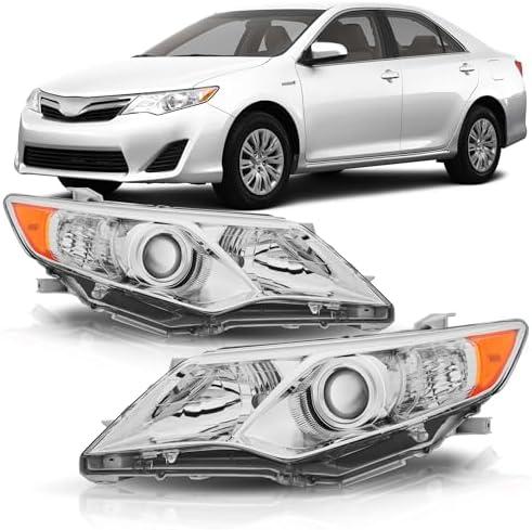Headlight Assembly Compatible with 2012 2013 2014 Toyota Camry L/LE/XLE/Hybrid LE XLE Halogen Headlamp, Chrome Housing Amber Reflector