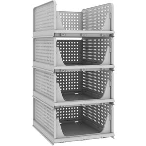 Pinkpum 4 Pack Folding Closet Organizers Storage Box, Stackable Plastic Drawer Basket for Clothing, Stackable Storage Bins Shelf Storage Container for Closet Wardrobe Bedroom Bathroom Office (Grey)