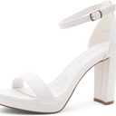 Shoe Land Women's Platform Heels - Chunky Block Heeled Sandals with Ankle Strap, Open Toe Dressy High Heels for Women, Comfortable Prom, Wedding & Party Pumps 2025 (White, Size 8.5)