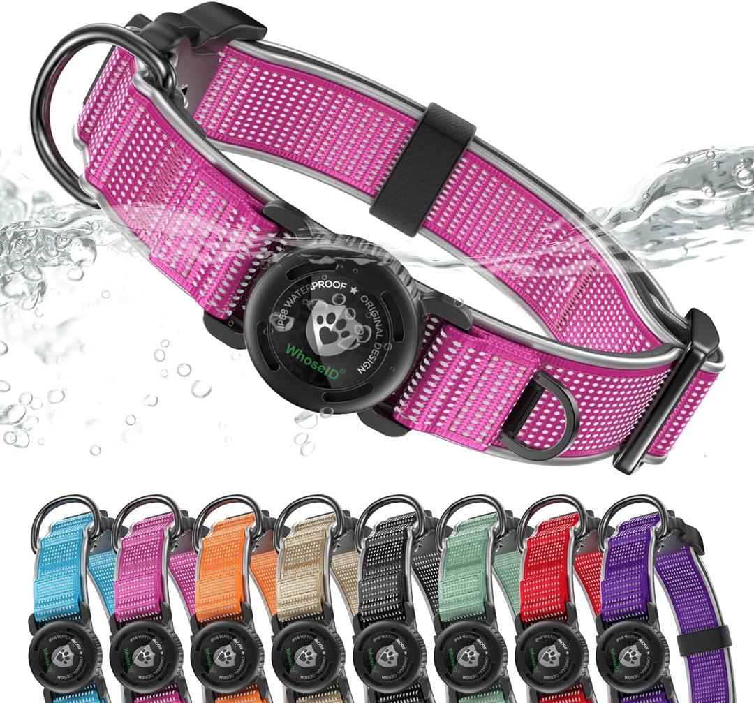 WhoseID AirTag Dog Collar, Waterproof Reflective Dog Collar with AirTag Holder and Magnetic Buckle, Heavy Duty Pet Collar for Small Medium Large Dogs, Rose Small