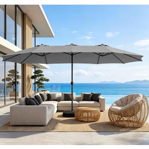 15ft Patio Umbrella with Base, 10-Year-No-Fade Large Outdoor Double-Sided Market Umbrella with UPF50+Terylene Polyester Fabric and Crank for Poolside Garden Deck Backyard Beach Pools