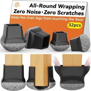 32pcs Chair Leg Floor Protectors for Hardwood Floor |Protect Wood Tile Floors Chair Leg Caps with Wrapped Felt Pads| Anti-Scratch Reduce Noise | Fit Angled Chair Legs| Black Square L Fit:1.05"-1.25"