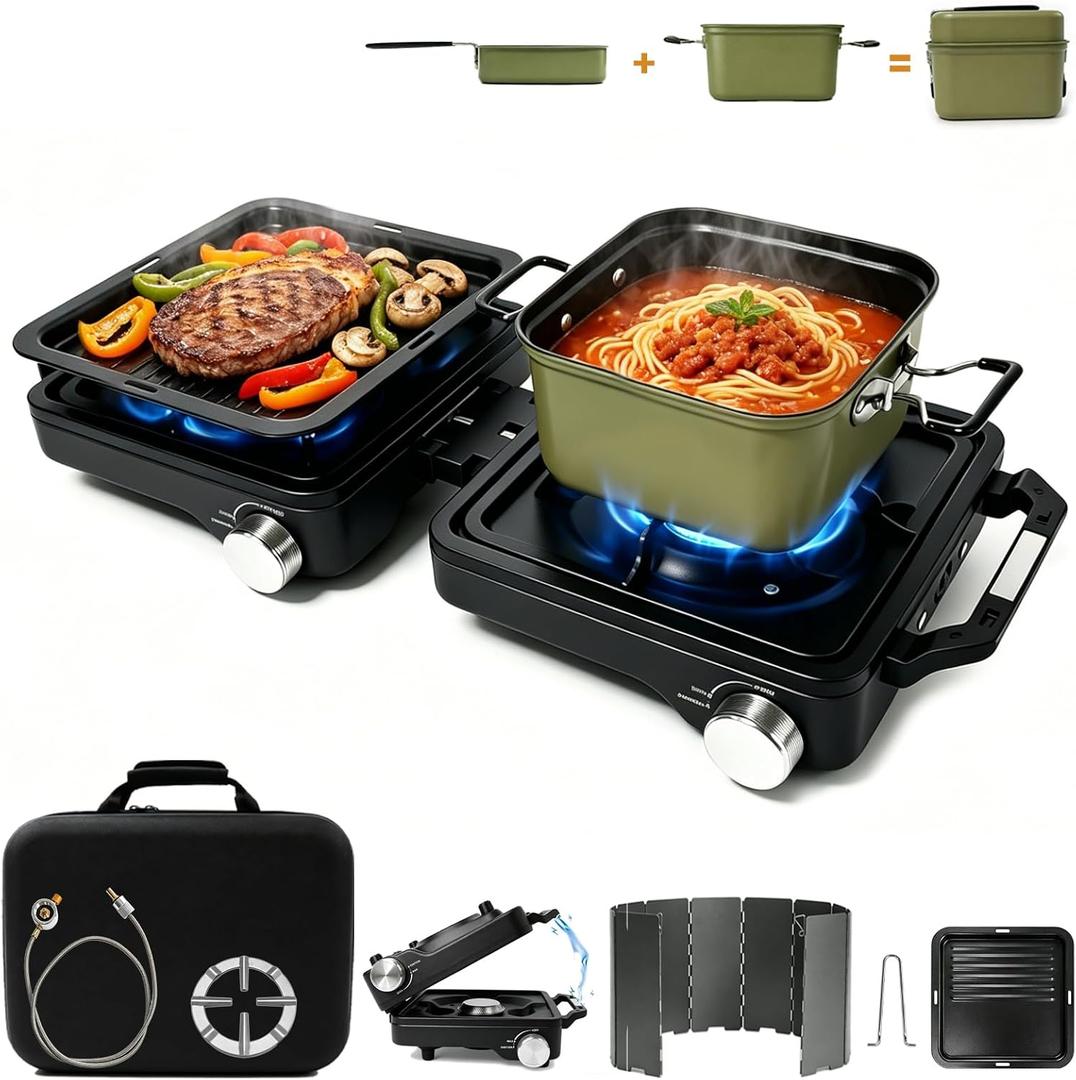 2 Burner 24000 BTU Propane Camping Stove, Foldable Camp Stove with 2-in-1 Frying Pan & Pot, Adjustable Burner Dual Gas Stove,Camp Cooking Set with Windshield, Carry Bag for Tailgating, Picnic, Black