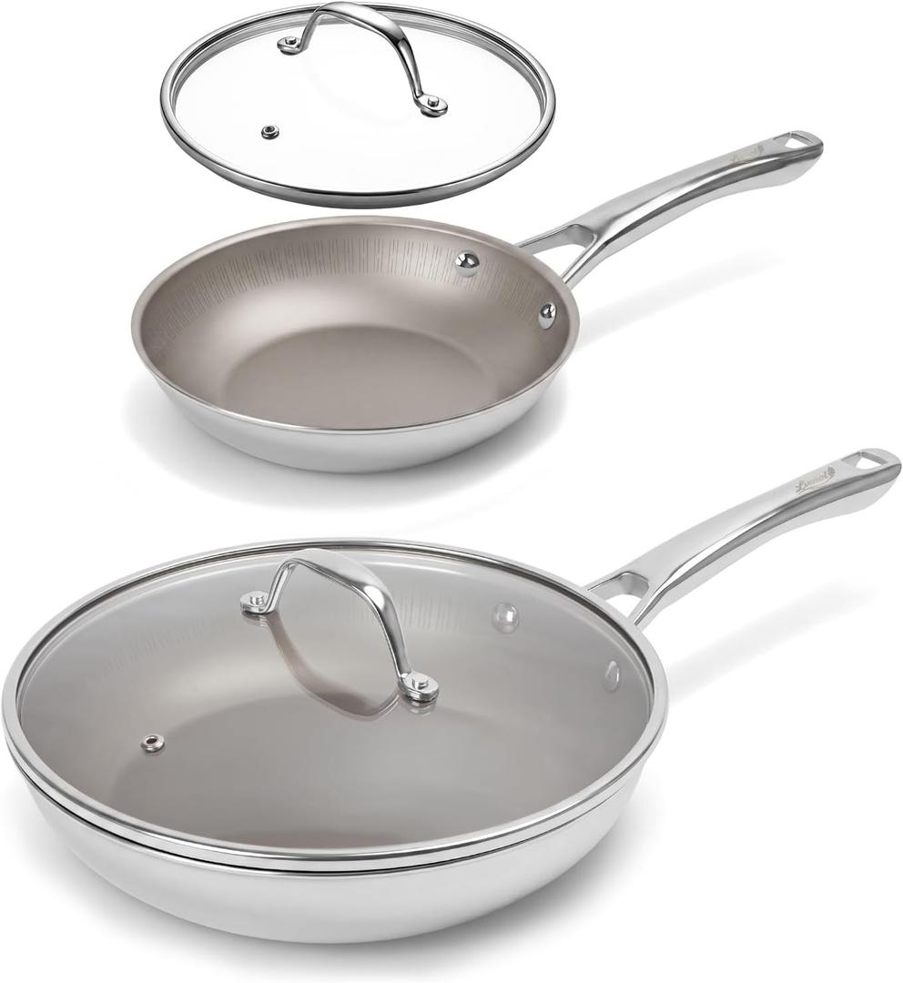 Titanium Frying Pan Set with Lids - 8" & 10.25" No Coating PFAS-Free Skillet, Tri-Ply Titanium & Stainless Steel, Induction & Dishwasher Safe