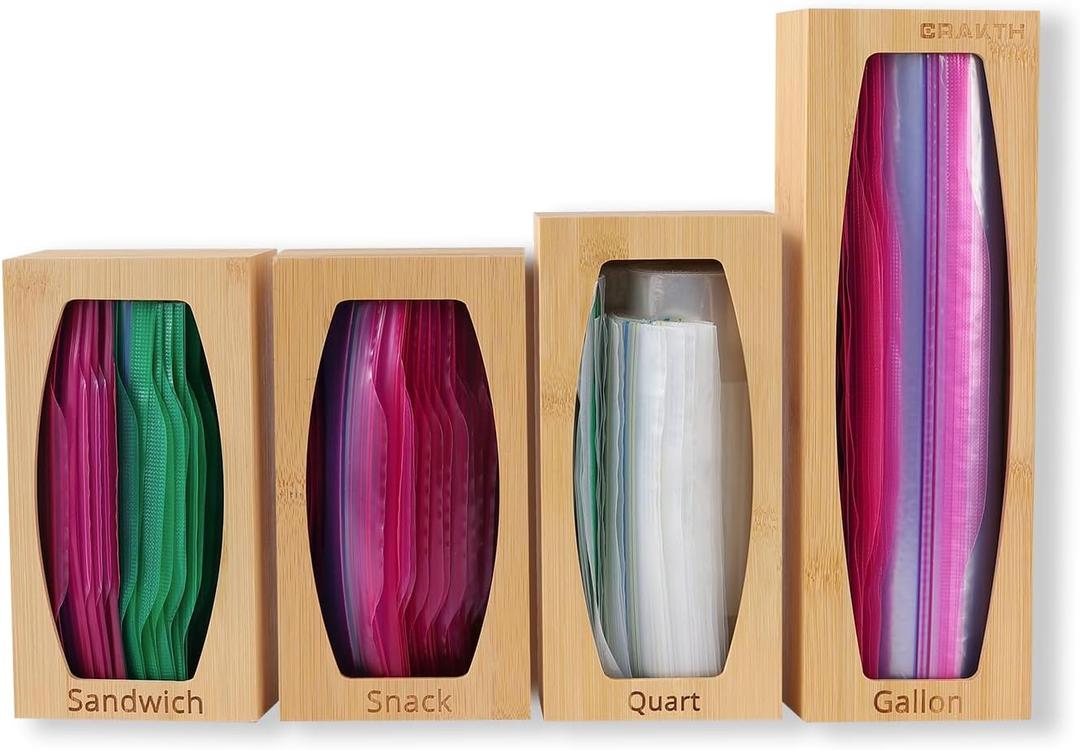 Bamboo Plastic Bag Storage Organizer for Kitchen Drawer, 4 Separate Baggie Organizer, Suitable for Gallon, Quart, Sandwich & Snack Variety Size Bag (Brown2)