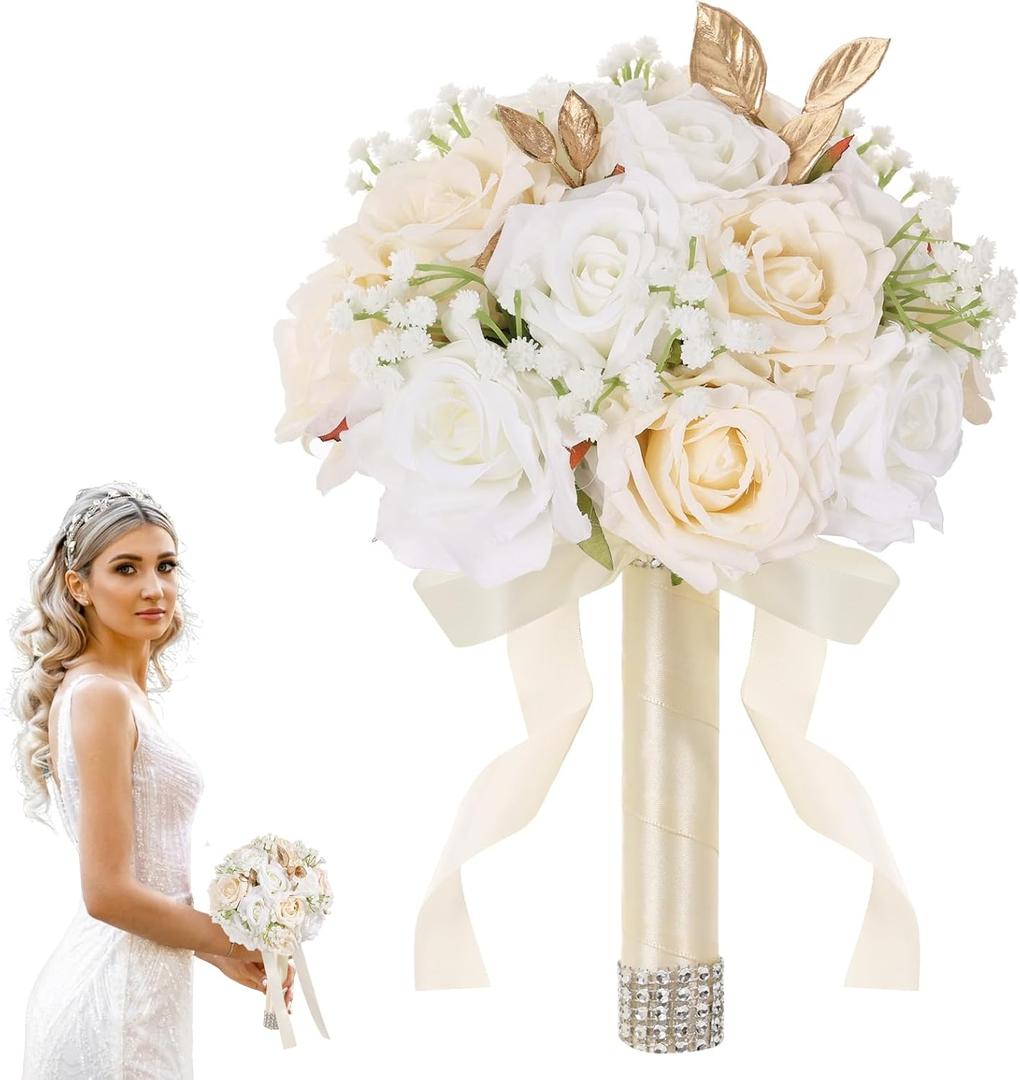 Wedding Bouquets for Bride - Realistic Silk Flowers Artificial Roses, 9 Inch Bridesmaid Bouquet for Ceremony, Church, Anniversary, and Home Decoration (White & Champagne)