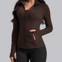 AVGO Womens Workout Jackets Lightweight Athletic Zip Up Jacket Slim Fit Running Gym Top with Pockets & Thumb Holes (Brown, M)