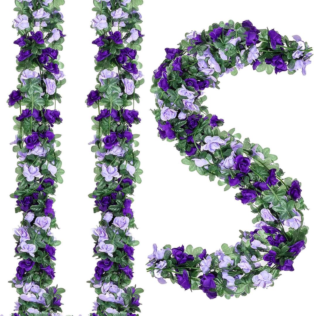 5Pcs 82 FT Artificial Purple Rose Flower Garland, Faux Silk Rose Garland, Purple Party Decorations, Lavender Flower Hanging Flower Vines for Backdrop Decoration Tea Party Wedding Birthday