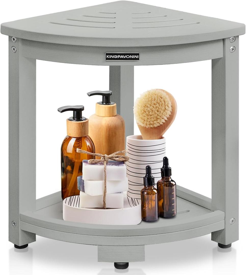KingPavonini Corner Shower Stool for Inside Shower, Anti-Fading Shower Bench for Shaving Legs, HDPS Waterproof Shower Seat with Storage Shelf, Load 400 Pounds