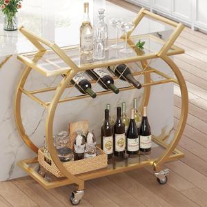 LVB Gold Bar Cart with Glass, Bar Cart with Wheels, Wine Cart with 2 Tier Storage Glass Shelves Home Bar Serving Cart with Wine Rack, Liquor Cart for Kitchen, Bar, Dinning Room, 15.7 W x 30.0 D x 33.0 H