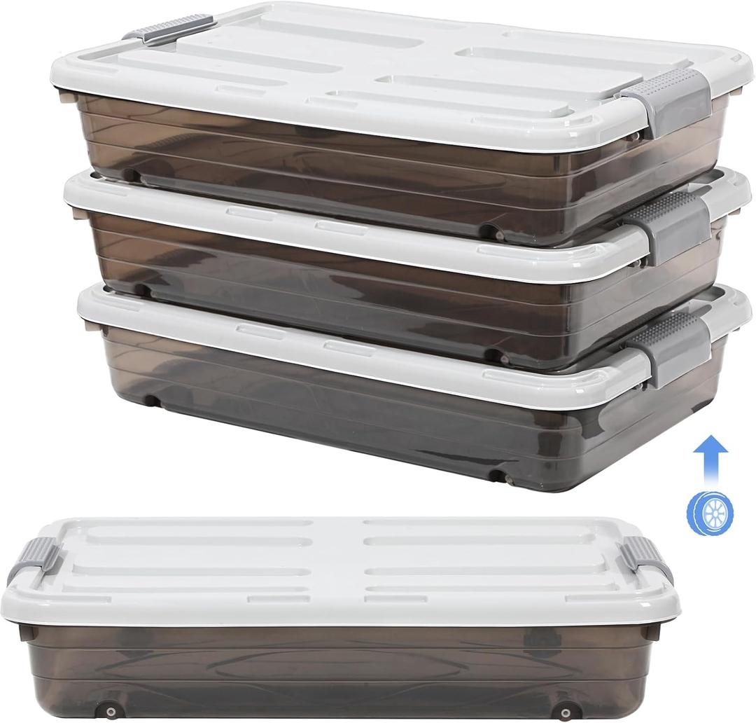 4 Pcs Plastic Under Bed Storage Containers with Lid Wheel Handle, Transparent Large Capacity Stackable Latching Storage Bins for Closet Bedroom Clothes Shoes (Brown,23.7 x 15.8 x 5.2)