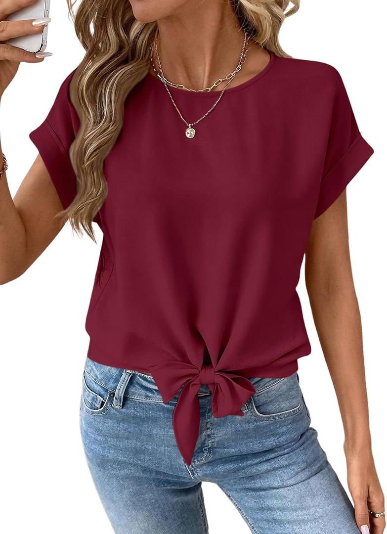 EVALESS Womens Tops Summer Cap Sleeve Tie Front Shirts 2026 Business Casual Work Blouses (Large, Red Dahlia)
