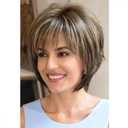 Aisaide Pixie Cut Bob Wig Dark Brown Mixed Highlight Ash Blonde Straight Wigs for Women Short Layered Synthetic Medium Length Wig With Bangs