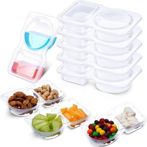 50 Pcs 5 oz Double Compartment Snack Containers with Lids Clear 2 Compartment Small Disposable Plastic Snack Box Container for Sauce Salad Travel Sampling