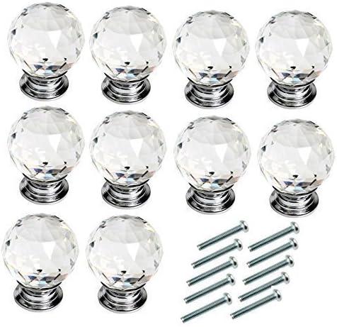 10Pcs 40mm Diamond Cut Clear Crystal Glass Kitchen Drawer Door Knob Cupboard Pull Handle Hardware for Bedroom Furniture, Bedside Cabinet, Dresser Unit and Chest