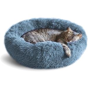 Whiskers & Friends Cat Bed, Cat Beds for Indoor Cats Washable, Orthopedic Soft Fluffy Round Calming Pet Bed for Small to Large Kitty Kittens & Dogs, Small Dog Beds & Furniture (20.00" x 20.00" x 6.00", Navy-Grey)