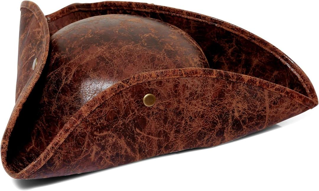 COLLECT PRESENT Distressed Faux Leather Pirate Tricorn Hat for Adults - Vintage Style Pirate Tricorn Hat for Men & Women (Brown)