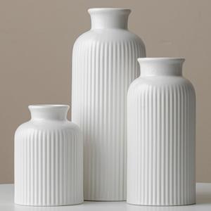 Large Modern Ceramic Vase Set, White Ribbed Matte Design, 10 Inch Tall, 4 Inch Width, 3-Piece Decorative Vases for Home, Living Room, Office (XL Matte Glaze White)