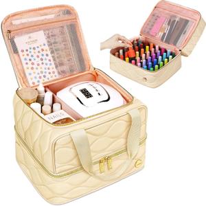 YOREPEK Nail Polish Organizer Case Holds 42+ Bottles (15ml/0.5 fl.oz), 2-Layer Nail Kit Bag with Compartments for Nail Supplies, UV Lamp, Nail Tech Organizers and Storage for Manicure Tools, Beige