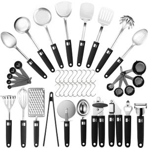 46Pcs 18/8 Stainless Steel Kitchen Utensils Set, Stainless Steel Cooking Utensils, Complete Tools with Metal Kitchen Gadgets for Beginner Cooks, Apartment Dwellers, Homemakers, Dishwasher Safe