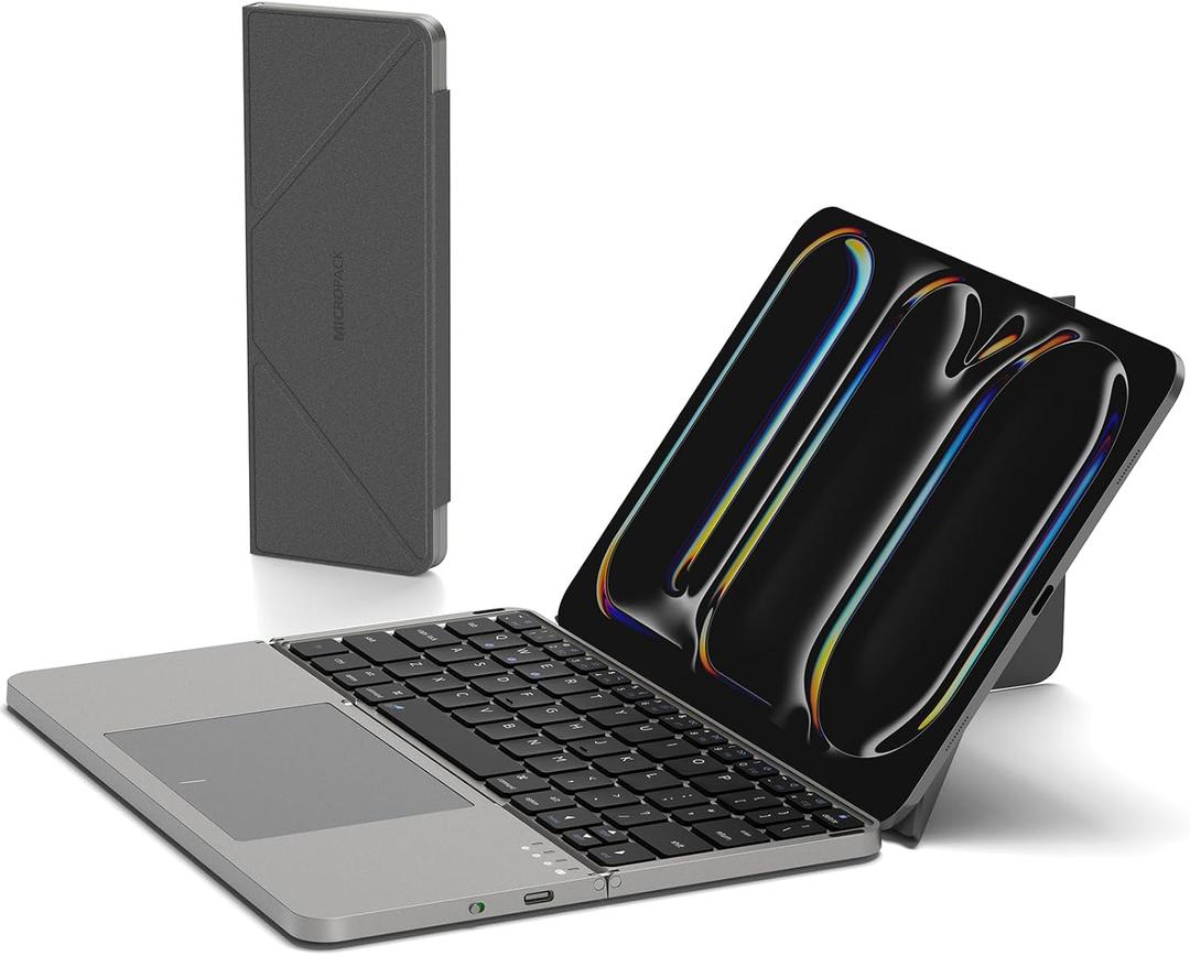 Mircopack Foldable Bluetooth Keyboard with Touchpad and Stand for iPad/iPhone/MacBook,3-Device Ultra Slim PU Leather Magnetic Cover Portable Rechargeable Keyboard for macOS and iOS-Gray