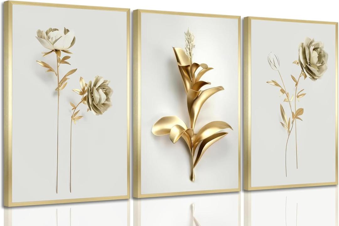 3Pcs Abstract Golden Flower Canvas Wall Art Modern Luxury Minimalism Nordic Floral Plant Painting Picture Wall Decor Poster Print Artwork for Living Room Bedroom Home Decoration Unframed (16x24in)