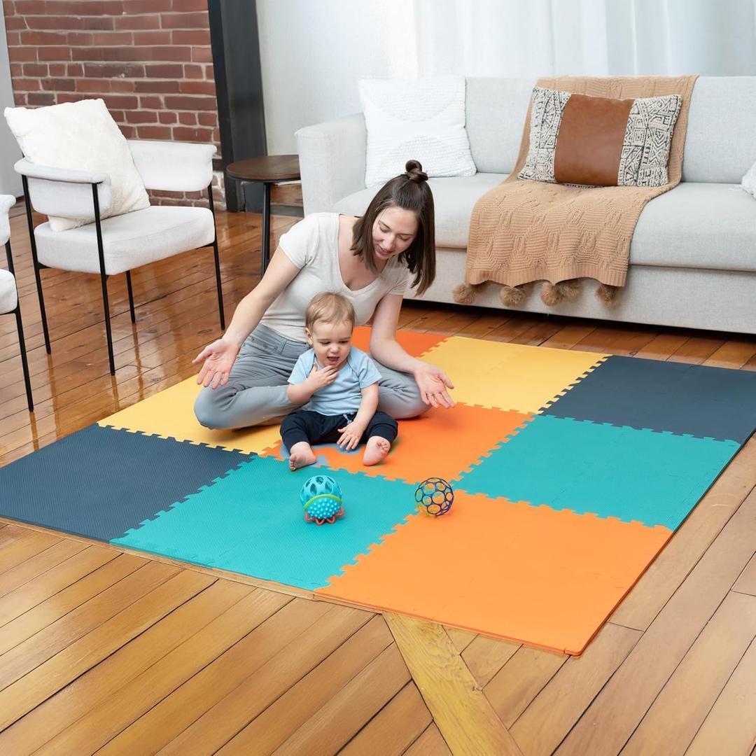 MioTetto Baby Play Mat, Soft Foam Floor Tiles for Kids. Adjustable Interlocking Foam Tiles, Fits with 74x74 Playpen Baby mat for Crawling & Development, Safe & Non-Toxic Playmat for Babies 6-12 Months, 36 Tiles