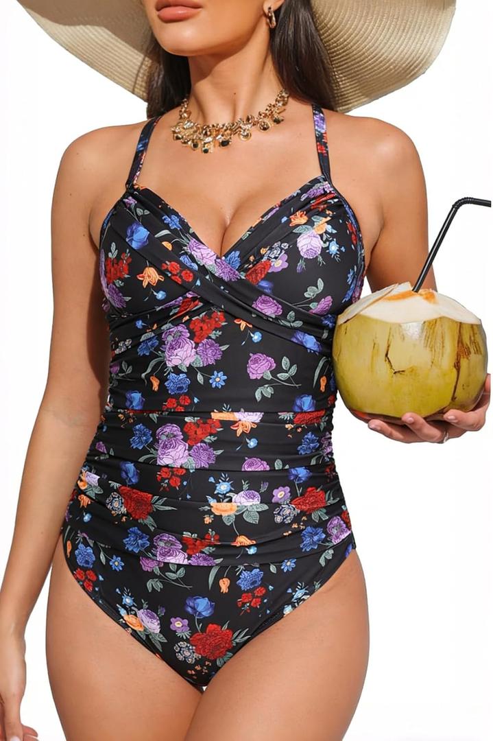 Halcurt Women's One Piece Swimsuit with Skirt Ruched Ruffle Tummy Control Swim Dress Bating Suit (XXL)