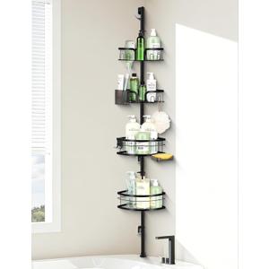 Shower Pole Caddy Corner, 4-Tier Adjustable Shower Shelves with Soap Holder & Hooks, Standing Shower Caddy Corner for Renters/Family, Self-Adhesive or Drill Mount 30-75 Inch, Black