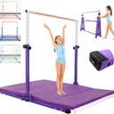 Seliyoo Foldable Gymnastics Bar for Kids Teens Ages 3-18, 5FT/6FT Kip Training Bar -Sturdy Base for Home Training,Adjustable Height 35" to 59" for, 400 LBS Capacity,Anti-Slip Base & Easy Assembly (Three base connections, Hot Purple-with Mat)