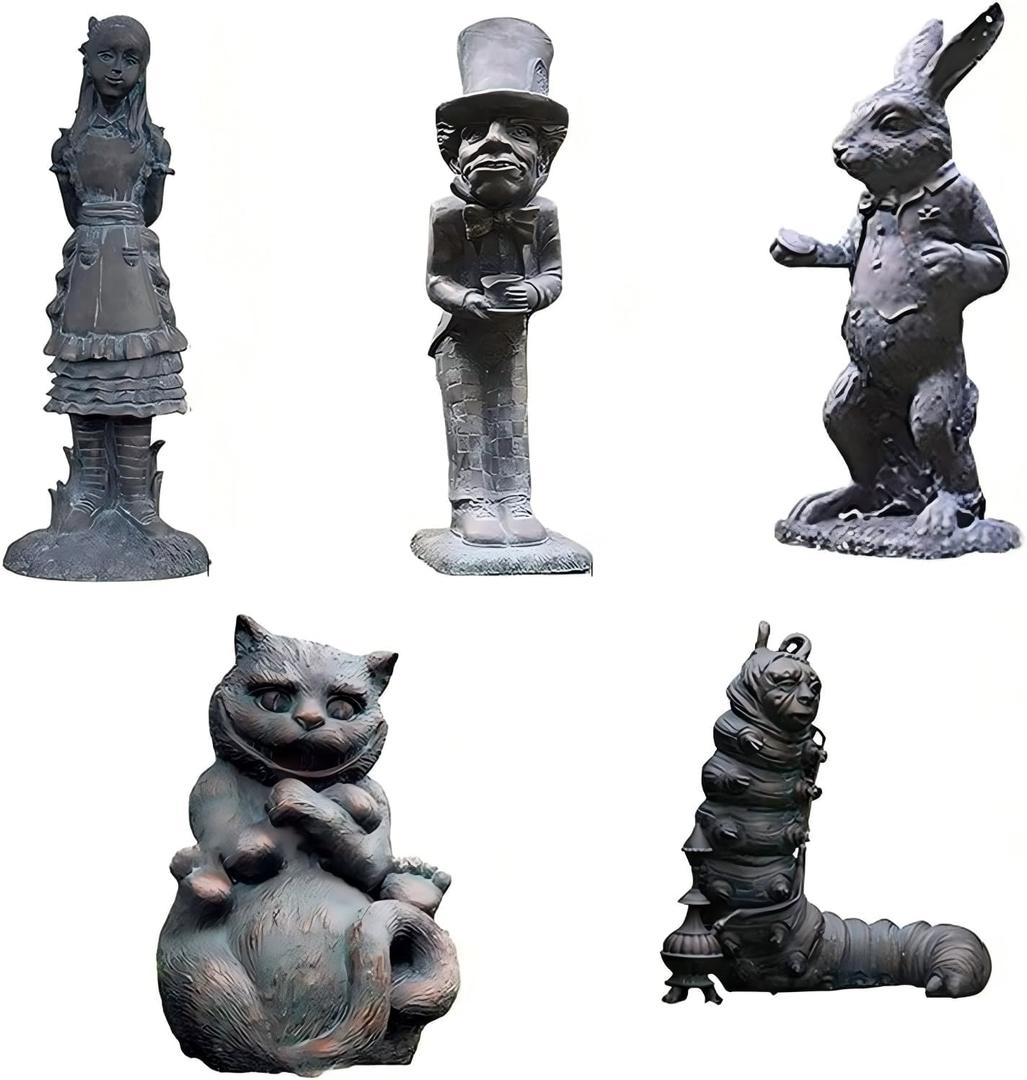 Alice in Wonderland Outdoor Statues - 5PCS Set | Ideal for Alice in Wonderland Decor Crafted from Durable Hand-Cast Stone Resin, Perfect for Indoor and Outdoor Garden, Patio, Lawn, and Yard Decoration