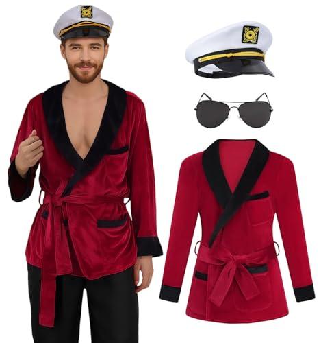 Halloween Celebrity Costume Adult Red Robe Men Hugh Captain Hefner Costume Women Red Silky Couples Velvet Robe with Captain Hat and Glasses SD092 M