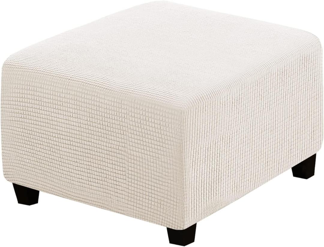 H.VERSAILTEX Square Ottoman Covers Ottoman Slipcovers Folding Storage Stool Furniture Protector Form Fit with Elastic Bottom, Stretch High Spandex Small Checks Jacquard Fabric (Large, Ivory)