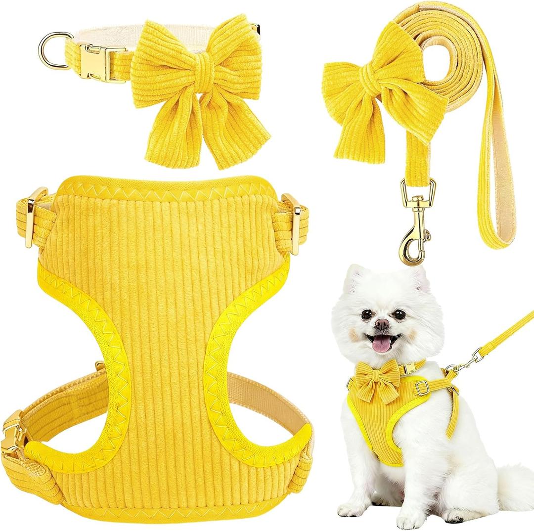 Dog Collar and Leash Set with Bowtie, Girl Dog Collars Metal Buckle Adjustable for Small Medium Dogs (Yellow, S: Neck 10-16", Chest 13-16")