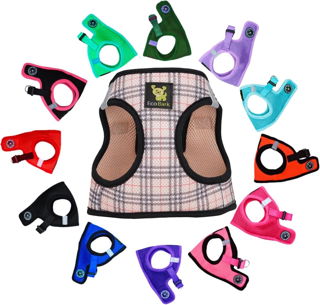 EcoBark Step in Dog Harness - Eco-Friendly Teacup Dog Harnesses Reflective and Adjustable Mini Body Halter Vest -Tiny Soft Mesh Toy Breed Harness (Beige Plaid, XXS)