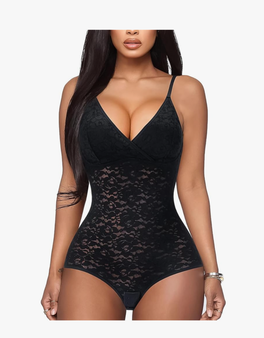 BRABIC Lace Bodysuit for Women Tummy Control Shapewear Sleeveless Tops V-Neck Backless Camisole Jumpsuit Shaper, M, Black